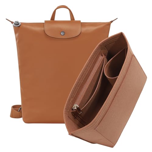 Purse Organizer Insert for Longchamp Le Pliage M Backpack, Felt Lightweight Long Champ Medium Backpack Divider Shaper with Cup Holder,Zipper Bags Inner Linner with 7 Deepened Pockets,M/Gold-brown - color: Gold-brown, size: M Backpack