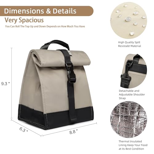 SUNNY BIRD Insulated Lunch Bag Rolltop Lunch Box Tote Bag for Women, Men, Adults and Teens (Grey and black) - color: Grey and black