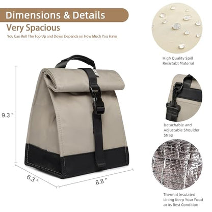 SUNNY BIRD Insulated Lunch Bag Rolltop Lunch Box Tote Bag for Women, Men, Adults and Teens (Grey and black) - color: Grey and black