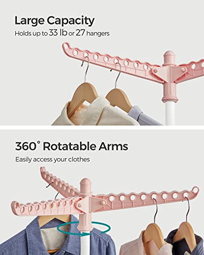 SONGMICS Clothes Drying Rack, 59-Inch Folding Laundry Drying Rack with 3 Rotatable Arms for Hangers, 4 Legs, Stainless Steel, for 27 Pieces of Clothes, Pink and White ULLR510P01 - color: Pink + White, style: 1-Tier