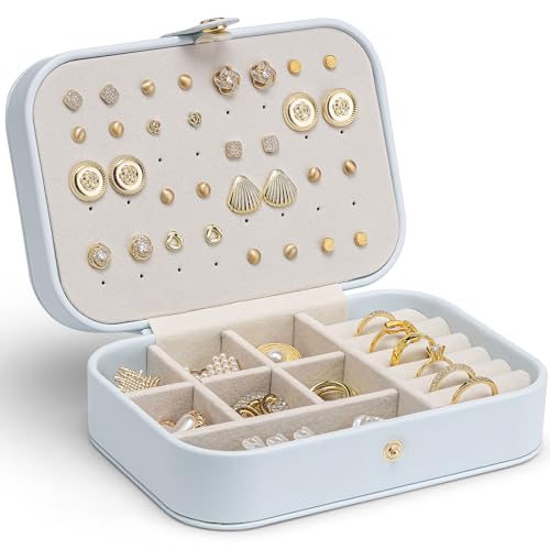 VLANDO Travel Jewelry Case, PU Leather Travel Jewelry Box with Earring Holder, Portable Display Mini Jewelry Case for Mothers Day Women Girls Gift - Blue - color: D.Blue