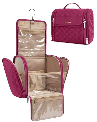 BAGSMART Travel Toiletry Bag, Large Capacity Cosmetic Bags for Women with Hanging Hook, Water-resistant for Toiletries Accessories Brushes Sponge, With Handle - color: Garnet Red, size: Large