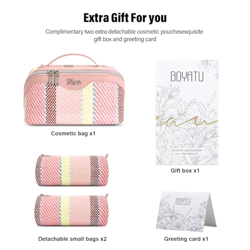 BOYATU Travel Makeup Bag Cosmetic Bag for Women: 3 Pcs Set Make up Bag with Compartments - Waterproof Vegan Leather Toiletry Bags with Handle - Makeup Organizer for Travel Essentials(C-3-Pink) - color: C-3-Pink