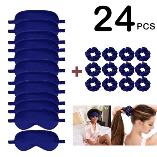24Pcs Satin Eye Mask Silk Sleep Masks Silky Eyes Cover Blackout Blindfold Eyeshade Scrunchies Hair Ties Travel Wedding Gift - color: Royal Blue