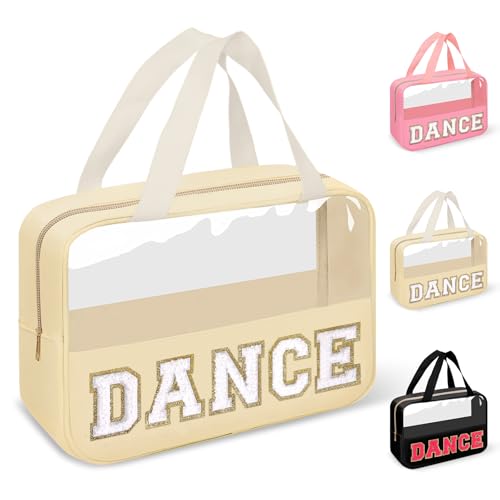 Dance Bag for Girls Chenille Letter Clear Makeup DANCE Stuff Bag,Toddler Dance Recital Gifts Ballet Cosmetic Zipper Pouch with Handle,Dance Competition Accessories Toiletry Storage Bag(DANCE-Beige) - color: DANCE-Beige