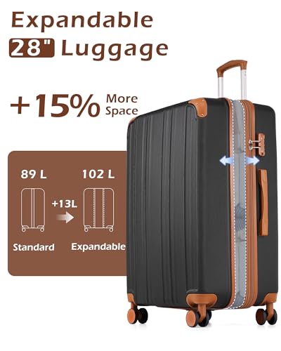 Coolife Luggage, Suitcase with Durable and Lightweight, Large Checked Luggage with ABS Hardshell Expandable, Dual Spinner Wheels, TSA Lock, and YKK Zipper(apricot black, L(28in)) - color: apricot black, size: L(28in)