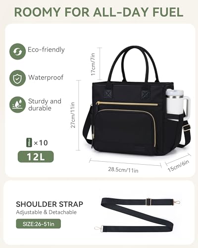 HOMESPON Insulated Lunch Bag Women Wide Opening Adult Lunch Box Large Leakproof Cooler Bag for Work Picnic Beach Family College Lunch Teacher Tote Bag with Adjustable Shoulder Strap Cup Holder(Black) - color: Black