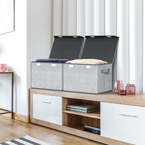 Univivi Storage Bins with Lids [4-Pack] Large Collapsible Stackable Fabric Storage Boxes with Lids, Decorative Closet Organizers and Storage for Clothes, Office, Bedroom (Gray, 17“ x 12” x 12") - color: Gray(No Window), size: 17''-4 Pack