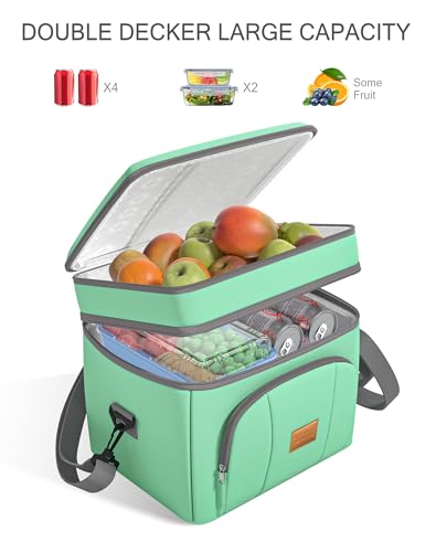 Rnivvi Lunch Box for Women, Double Decker Insulated Cooler Bag Lunch Bag Reusable Leakproof Tote Lunch Container with Strap for Work Family Picnic Hiking Camping, 18 Cans 12L, Large Adults, Green - color: Green