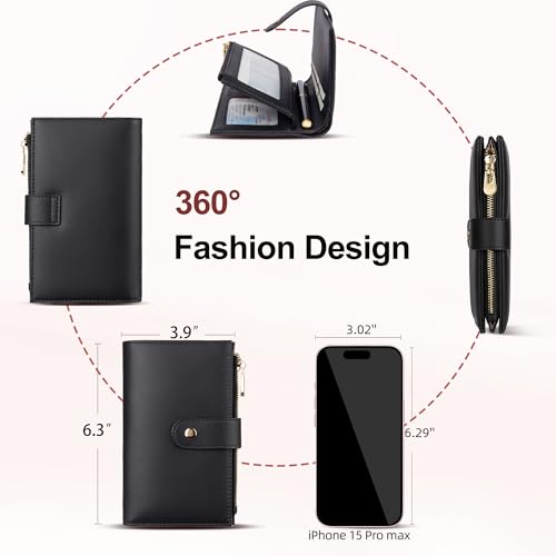 yiijay Wallet Women RFID Blocking Leather Trifold Clutch Wallet Credit Card Holder Ladies Travel Wallet Purse with Pen Holder - color: 1Black
