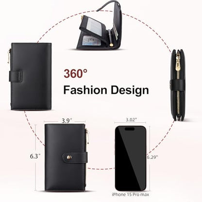 yiijay Wallet Women RFID Blocking Leather Trifold Clutch Wallet Credit Card Holder Ladies Travel Wallet Purse with Pen Holder - color: 1Black
