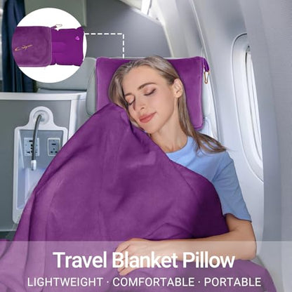 Travel Blanket & Pillow Set, 300 GSM Soft Fleece, 60x43 Inches, 3-in-1 Airplane Blanket, Travel Pillow and Blanket Set, Travel Blanket Airplane Compact with Bag, Travel Essentials, Violet - color: Violet-1
