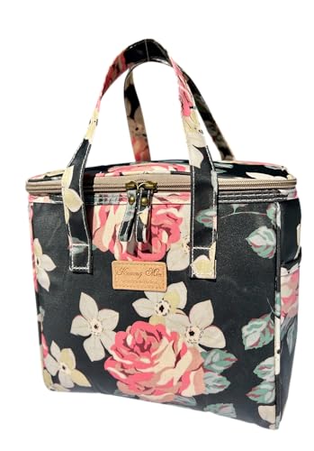 Kwang Min Floral Insulated Lunch Bag for Women,Reusable Lunch Box,Large Cooler for Office,Picnic Outdoors,Premium Waterproof Fabric,Ideal Floral Lunch Bag (Begonia Navy) - color: Begonia Navy