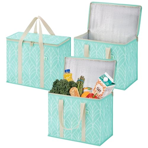 VENO 3 Pack Insulated Cooler Bag, Reusable Grocery Shopping Bag for Food Delivery, Heavy Duty, Large Size, Durable Handles, Double Zippers, Lid, Collapsible (Evergreen, 3 Pack) - color: Evergreen, size: 3 Pack