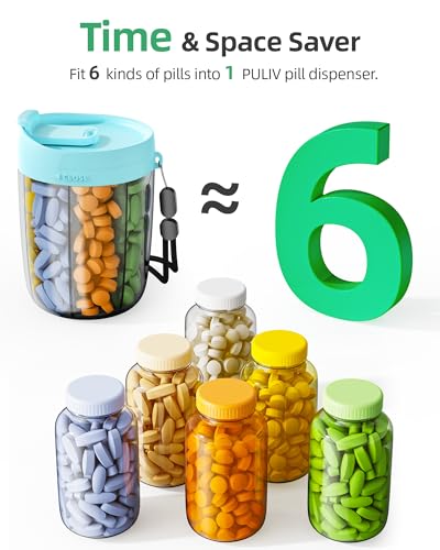 PULIV Large Supplement Organizer Bottle, Holds Plenty of 6 Various Vitamins in 1 Pill Dispenser with Anti-Mixing & Wide Openings Design, Easy to Retrieve Meds, Includes 20 Pcs Stick-on Labels Cyan - color: Cyan