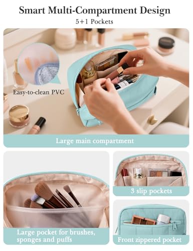 Noozion Makeup Bag Travel Toiletry Bag, Puffy Padded Cosmetic Bag for Women, Makeup Organizer Case, Wide-open Pouch Purse, Travel Essentials - color: Dusty Blue-Green