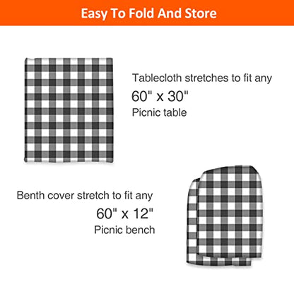 5ft Picnic Table and Bench Cover, Camping Essentials RV Gear, 60 in Waterproof Windproof Outdoor Elastic All Around Tablecloth, Fitted Rectangle Tables and Seats, Black-White Checkered - color: Black-white Checkered, size: 60"