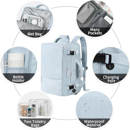 Beraliy 29L Travel Backpack Women, Airline Approved Backpack, Carry On luggage, 17.3 inch Laptop Backpack, Waterproof Business Hiking Weekend Bag, Light-blue - color: Light-blue, size: X-Large