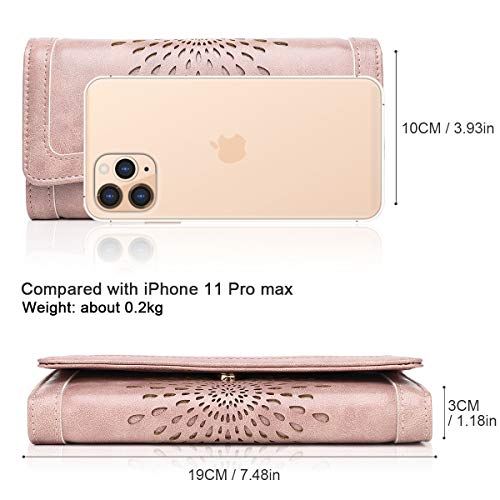 APHISON Womens Wallets RFID Blocking Leather Clutch Long Wallet for Women Card Holder Phone Organizer Ladies Travel Purse Hollow Out Sunflower Design Gift - color: dark-pink