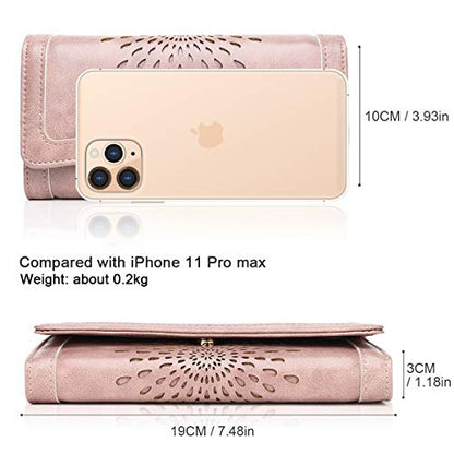 APHISON Womens Wallets RFID Blocking Leather Clutch Long Wallet for Women Card Holder Phone Organizer Ladies Travel Purse Hollow Out Sunflower Design Gift - color: dark-pink