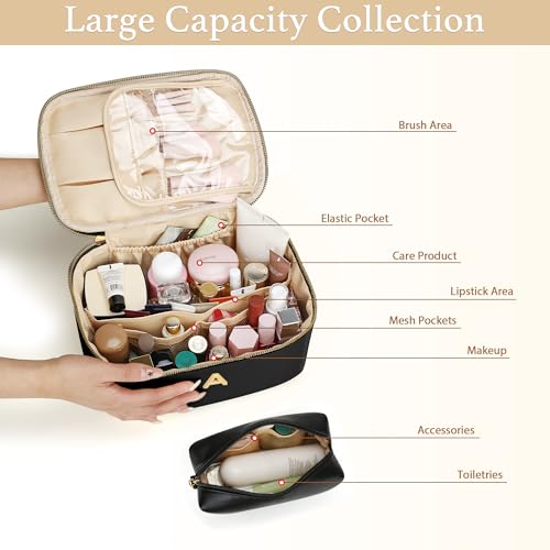 Personalized Initial Makeup Bag Gifts for Women, Large Travel Cosmetic Organizer with Handle & Divider, PU Leather Toiletry Bag for Girls, Birthday Bridesmaid Gift Set - Black - K - color: Black, style: K