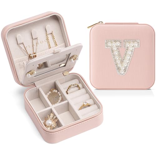 VLANDO Mom Gifts for Women, Travel Jewelry Case for Mother Gifts, Travel Gifts for Mother Mom from Daughters, Travel Essentials Small Jewelry Box, Jewelry Travel Organizer - Letter V, Pink - color: Pink, size: V