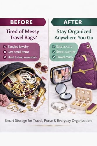 Travel Essentials Gift Set for Women – 7 Pc Travel Kit with Sling Bag, TSA Pouch, Jewelry Case & Sleep Mask - color: Amethyst Pop