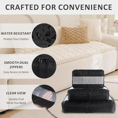 U+U 5 Set Packing Cubes for Travel Essentials Ultralight Luggage Packing Organizers with Laundry Bag and Shoe Bag for Vacation, Business Trip and Camping (Black) - color: Black