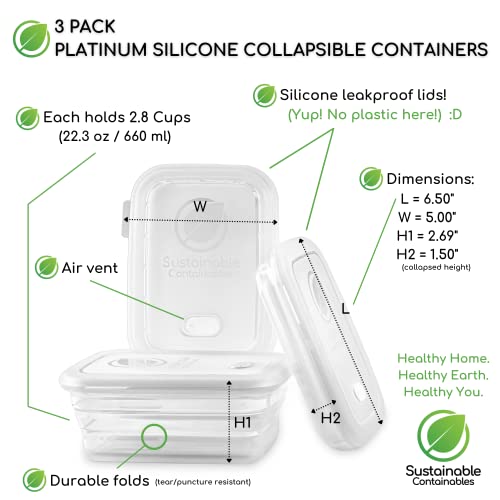 Premium Silicone Collapsible Food Storage Containers with Silicone Leakproof Lids, BPA Free, LFGB Food-Grade Certified, Compact, Reusable Lunch Snack Box, Microwave Safe, 2.8 Cups 3 Pk - color: 660 ml (2.8 cups) - 3 Pack
