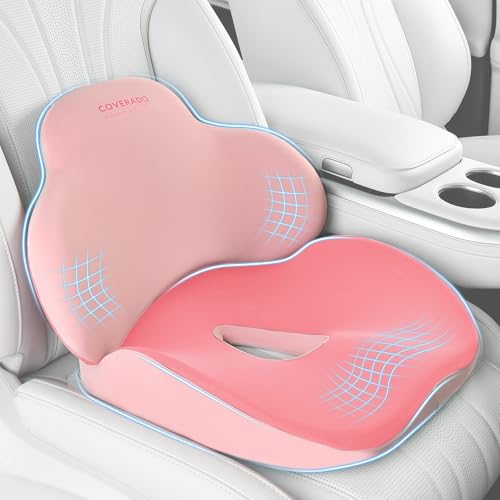 Coverado Car Seat Cushion and Lumbar Support Pillow, Memory Foam Ergonomic Back Support Driving Seat Cushion for Sciatica, Tailbone, Back Pain, Non-Slip Washable Cushion for Car, Driver, Office - color: Pink, size: 2 Pieces