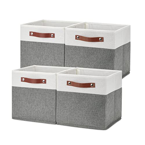Temary Cube Storage Bins 4 Pack Storage Cubes 11?11 Fabric Storage Bins Foldable Cube Storage Baskets with Handles, Collapsible Storage Basket for Shelf (White & Grey, 11 x 11 x 11) - color: White&Grey, size: 11×11×11