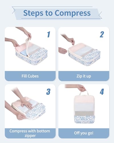 Narwey 6 Set Compression Packing Cubes for Travel Women Men, Travel Cubes for Carry On Suitcase, Durable Compression Luggage Organizer Bags - color: Y-Blue Flower