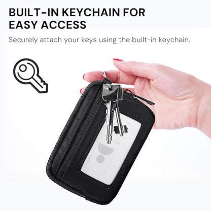 YDF The Iris Wallet for Women Mini Zip Card Case with Clear ID Window Zipper Coin Purse Lightweight Portable Keychain Wallet - color: Black