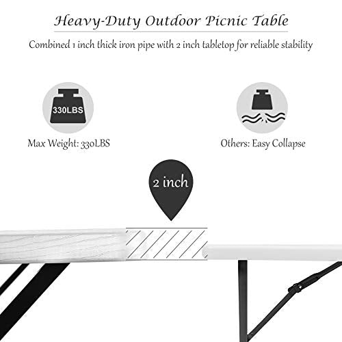 Giantex Picnic Table Bench Set Outdoor Camping All Weather Metal Base Wood-Like Texture Backyard Poolside Dining Party Garden Patio Lawn Deck Large Camping Picnic Tables for Adult (White) - color: White