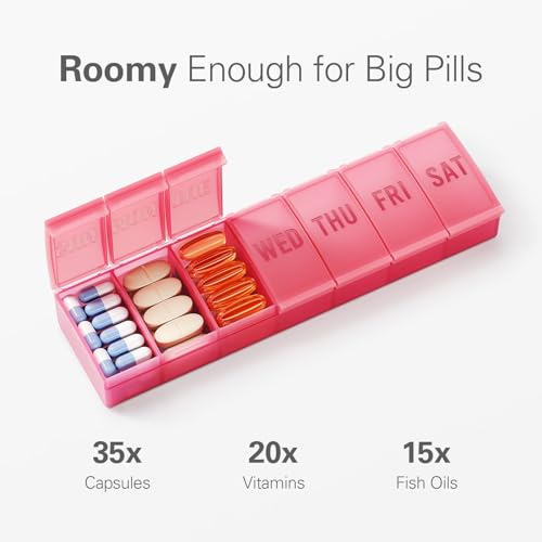 Barhon Pill Organizer Large, Weekly Medicine Pill Organizers, 7 Day Pills Box Case Travel for Big Vitamin Supplements Fish Oil, Red - color: Red