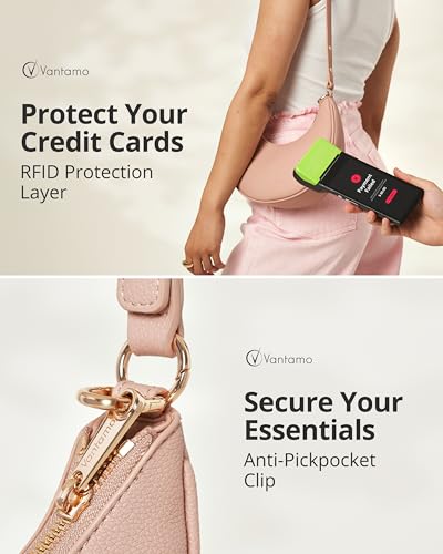 Vantamo Crescent Bags For Women with RFID Protection, Half Moon Clutch Purses for Women with Anti-Theft Clip for Extra Safety - color: Blush