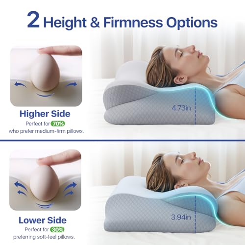 Memory Foam Neck Pillow - Ergonomic Contour Cervical Neck Pillow for Side Back Stomach Sleepers, 2-in-1 Orthopedic Neck Support Pillow with Cooling Pillowcase