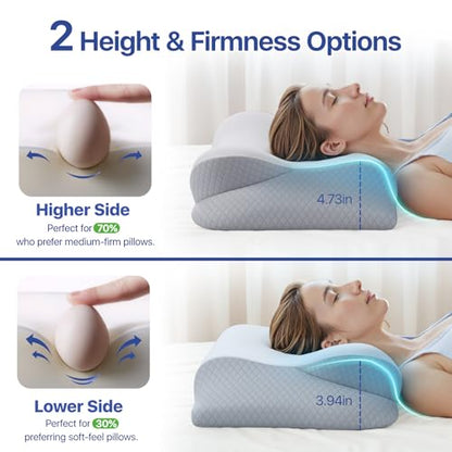 Memory Foam Neck Pillow - Ergonomic Contour Cervical Neck Pillow for Side Back Stomach Sleepers, 2-in-1 Orthopedic Neck Support Pillow with Cooling Pillowcase