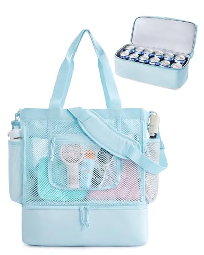 BAGSMART Beach Bag for Women, Mesh Tote Bags with Zipper, Sandproof Vacation Essentials with Cooler for Swim Cruise Pool - color: Sky Blue