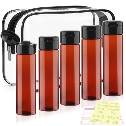 Cosywell 5 Pack Travel Bottles for Toiletries 3.4oz Shampoo Bottles TSA Approved Travel Size Containers Leak Proof Wide Mouth Squeeze Bottle for Lotion(Brown) - style: C-3.4oz-Amber