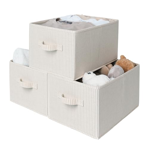 StorageWorks Foldable Shelf Organizer Bins, Closet Storage Baskets for Clothes, Fabric Storage Bins for Shelves, Beige Stripes, 3-Pack, Large - color: Beige Stripes, size: Large