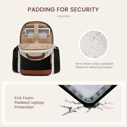 LOVEVOOK Laptop Backpack for Women with Pouch Pocket for Large Capacity Cup,15.6 Inch Teacher Nurse College Work Travel Backpack Purse,Waterproof Laptop Computer Bags,Beige-Black-Brown+Diamond-shaped - color: Beige - Black - Chestnut Brown + Diamond-shape