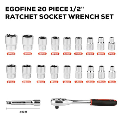 Egofine 20pcs 1/2 Inch Ratchet Socket Wrench Set, Drive Socket Set with 18 Sockets, 8-22mm,24mm,27mm,30mm sockets and 2 Way Quick Released Ratchet Handle and Extension Bar - size: 1/2, style: 20PC Standard Socket Set