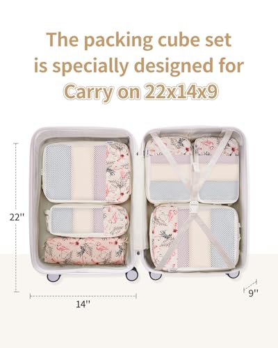 Narwey 6 Set Compression Packing Cubes for Travel Women Men, Travel Cubes for Carry On Suitcase, Durable Compression Luggage Organizer Bags - color: Y-Beige Flamingo
