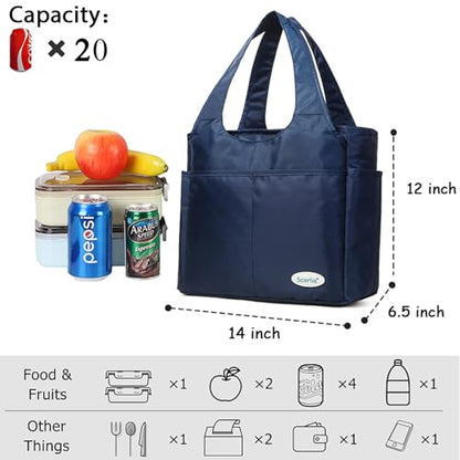 Extra Large Insulated Lunch Tote Bag for Women Men, Leakproof Cooler Lunch Box Shoulder Purse with Side Pockets for Work - Blue - color: Blue