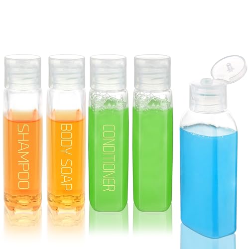 Cosywell Travel Bottles for Toiletries Plastic Squeeze Bottles 5pcs 2 oz TSA Approved Travel Size Containers Refillable Cosmetic Containers Kit Leak proof Shampoo Conditioner Travel Essentials - color: G-2oz-Clear-3label2blank