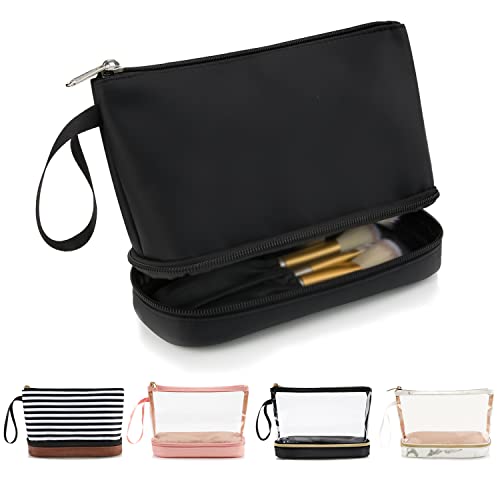 Ethereal Small Makeup Bag, 2 Layers Travel Makeup Bag with Makeup Brush Holder, Cosmetic Bag Black Make up Pouch for Women/Girls - color: 02-nylon black