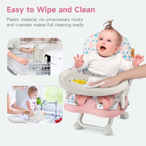 YOLEO Baby High Chair Booster Seat for Dining Table, Foldable High Chairs with Adjustable Heights, Travel Booster Seat with Removable Tray - color: Pink, size: With Cushion