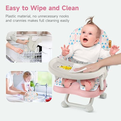 YOLEO Baby High Chair Booster Seat for Dining Table, Foldable High Chairs with Adjustable Heights, Travel Booster Seat with Removable Tray - color: Pink, size: With Cushion