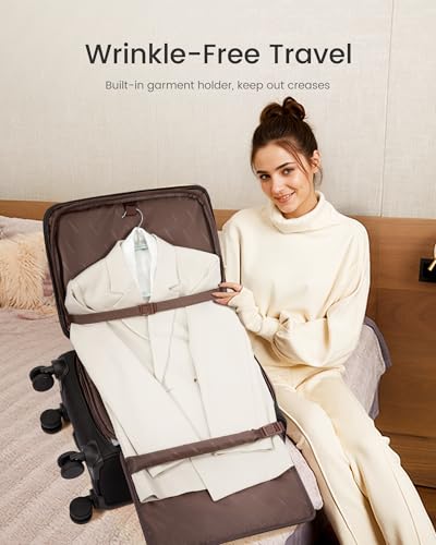 LOVEVOOK 49L Carry on Luggage 22x14x9 Airline Approved, 22 Inch Large Rolling Suitcase with Suit Folder & Spinner Wheels & TSA Lock, Softside Lightweight Underseat Carryon Luggage for Women Men Travel - color: Black-brown, size: 22 Inch With Garment Compa